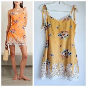 NWT Miguelina Bambi Guipure Lace-Trimmed Floral-Print Cotton-Voile Mini Dress XS